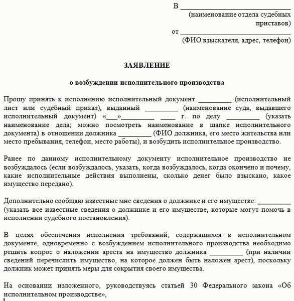 Заявление о возбуждении исполнительного производства.