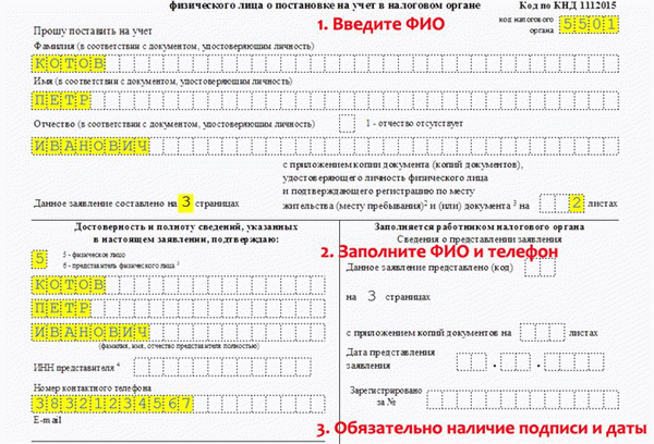 Первая страница бланка заявления на получение регистрационного номера налогоплательщика: пример заполнения бланка